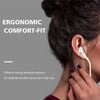 Close-up of a person's ear showing an ergonomic comfort-fit headphone design.