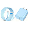 A light blue USB-C fast charging cable coiled around a white label and a matching power adapter.
