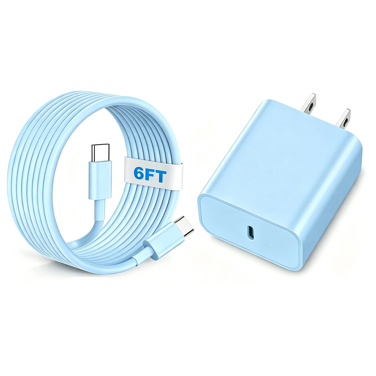 A light blue USB-C fast charging cable coiled around a white label and a matching power adapter.