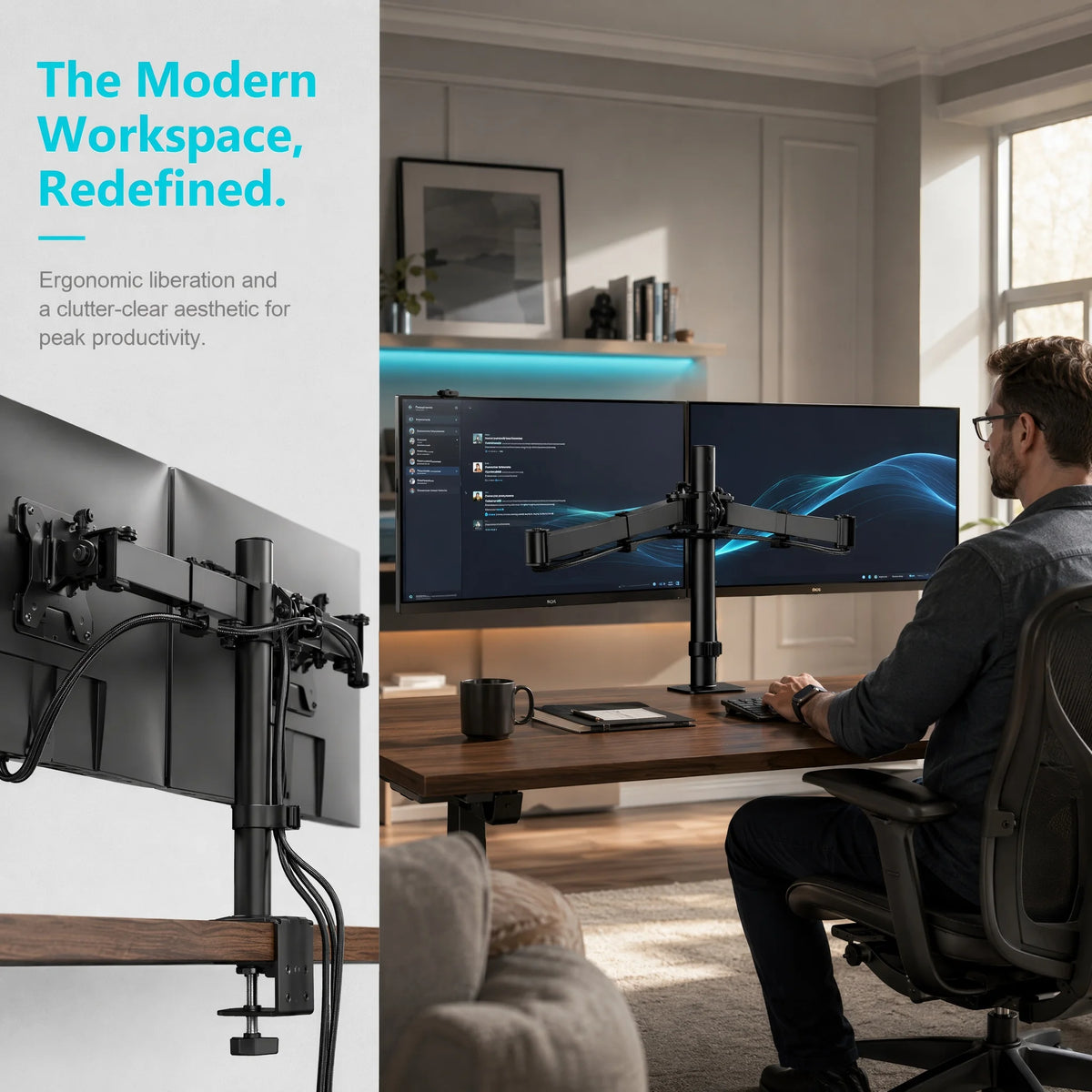 A man works at a modern desk using a heavy duty dual monitor desk mount to support two computer screens.