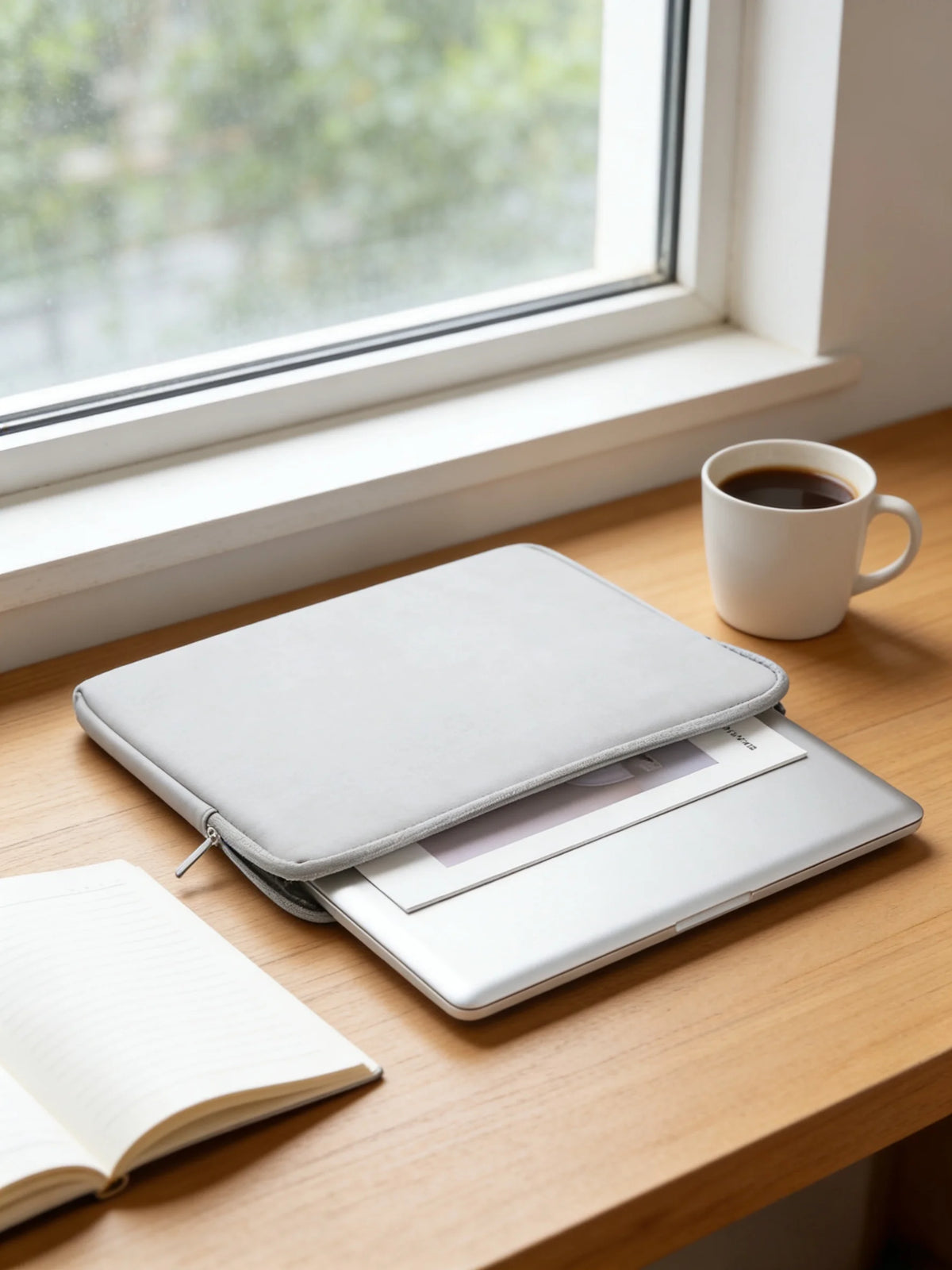 A silver laptop is placed on a wooden desk next to a gray PU leather sleeve, a notebook, and a white mug by a window.