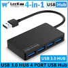 A black 4-in-1 USB 3.0 hub with a cable and four ports is shown on a white background.