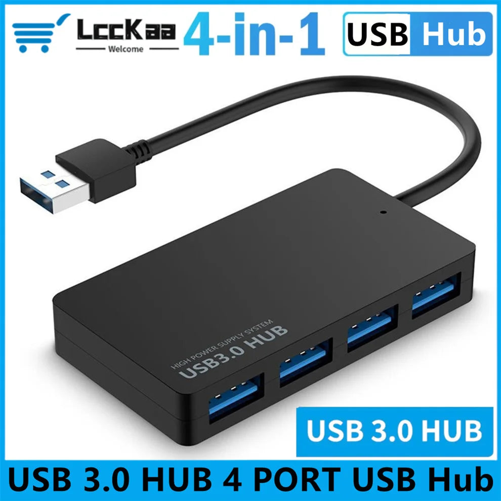 A black 4-in-1 USB 3.0 hub with a cable and four ports is shown on a white background.