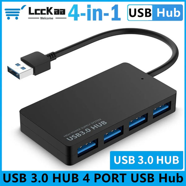 A black 4-in-1 USB 3.0 hub with a cable and four ports is shown on a white background.