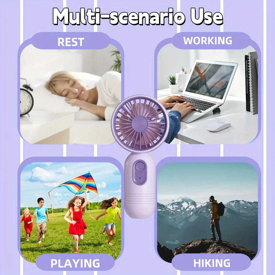 Portables USB-Lade-Mini-Handventilator in verschiedenen Situationen: Ruhe, Arbeit, Spiel und Wandern.