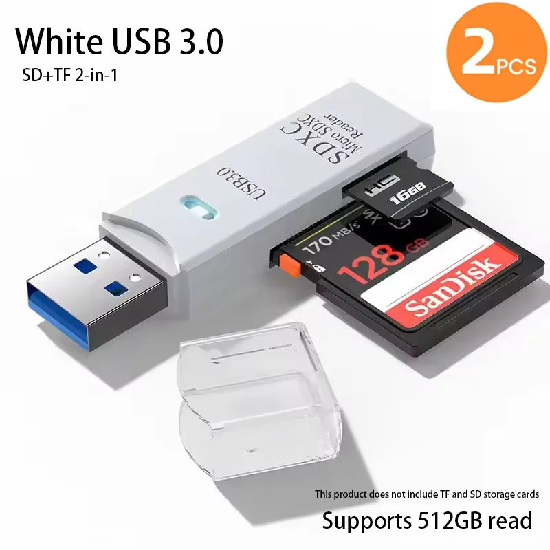 White USB 3.0 SD and TF card reader with two cards and a protective case