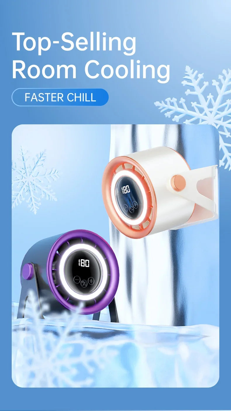 A portable rechargeable desk fan with ambient light is shown in a white and purple color scheme, demonstrating room cooling.