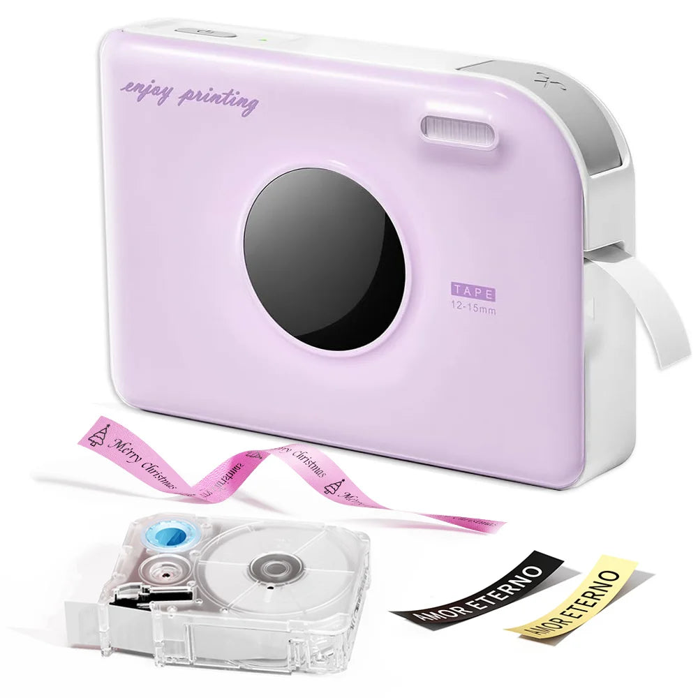 A pink and silver smart Bluetooth label maker device with a transparent tape roll and accessories.