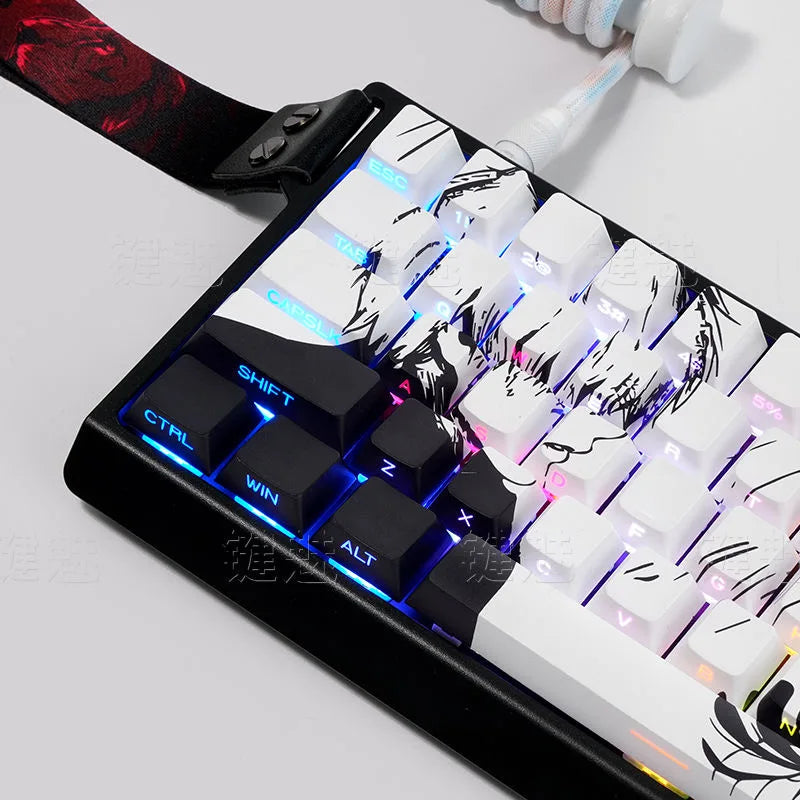 A close-up view of a black mechanical keyboard featuring custom white keycaps with anime-themed designs.