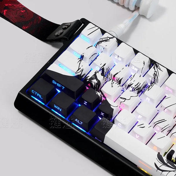 A close-up view of a black mechanical keyboard featuring custom white keycaps with anime-themed designs.