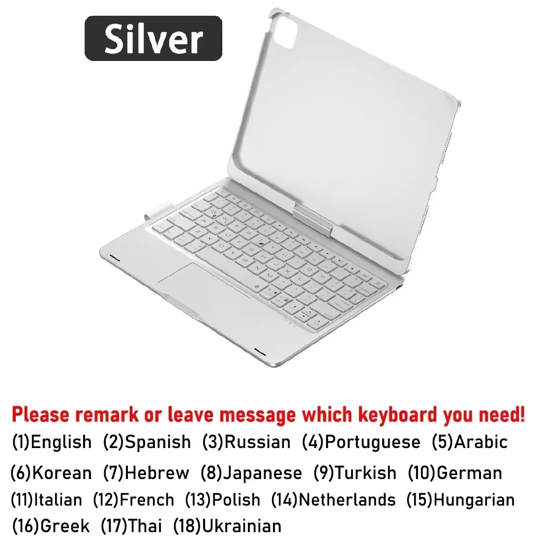 Silver backlit keyboard case for an iPad Air, Pro, or 10th Generation device.