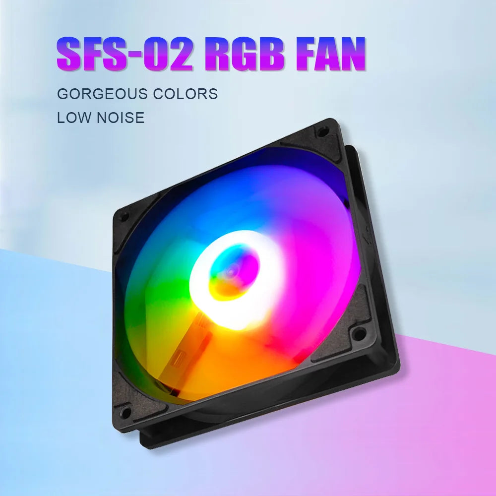 A close-up view of an SFS-02 RGB fan with a colorful light pattern, designed for computer case cooling.