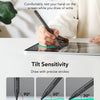 A hand holds a black stylus pen on an iPad screen demonstrating palm rejection and tilt sensitivity features.