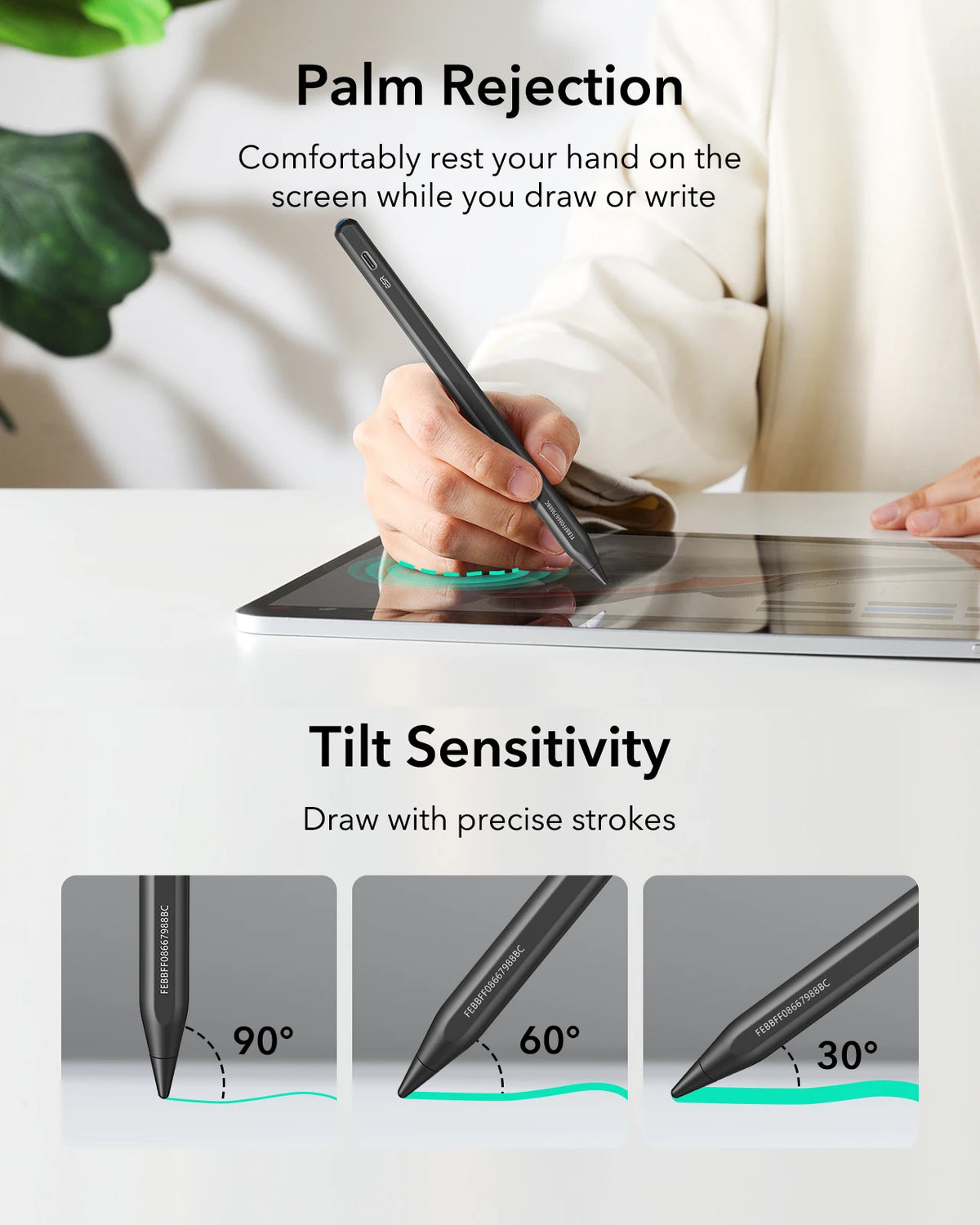 A hand holds a black stylus pen on an iPad screen demonstrating palm rejection and tilt sensitivity features.