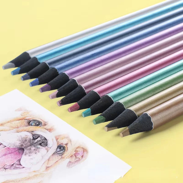 A set of 12 metallic fluorescent colored pencils arranged diagonally on a yellow background.