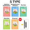 Five types of reusable magic practice handwriting workbooks including addition, subtraction, multiplication, division, number
