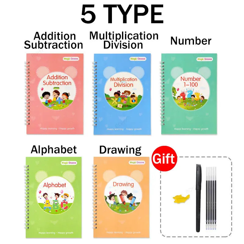 Five types of reusable magic practice handwriting workbooks including addition, subtraction, multiplication, division, number