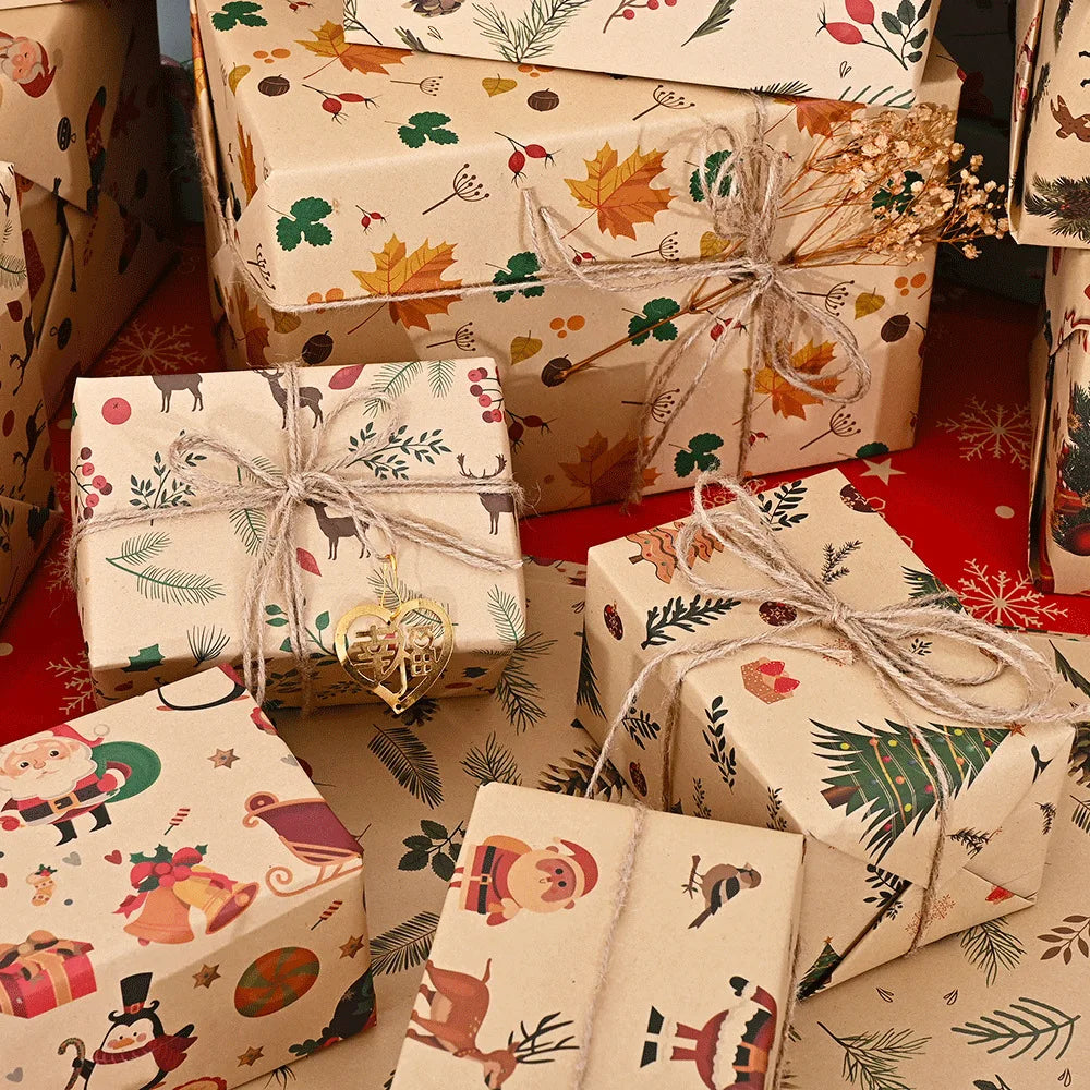 A collection of Christmas wrapping paper featuring designs of Santa, trees, and festive patterns.