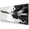 A gaming mouse pad featuring a dramatic black and white samurai sword design with swirling clouds.