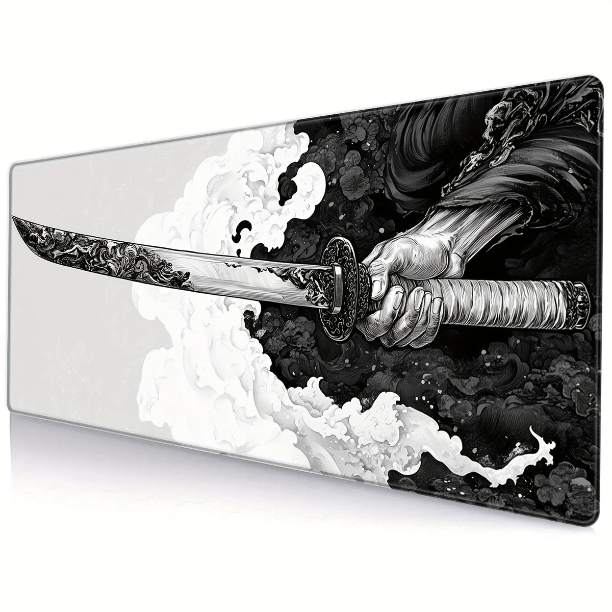 A gaming mouse pad featuring a dramatic black and white samurai sword design with swirling clouds.