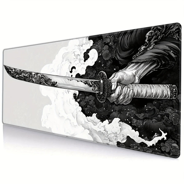 A gaming mouse pad featuring a dramatic black and white samurai sword design with swirling clouds.
