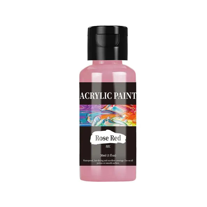 Eine Flasche rosa Acrylfarbe mit schwarzem Deckel, beschriftet als Rose Red.