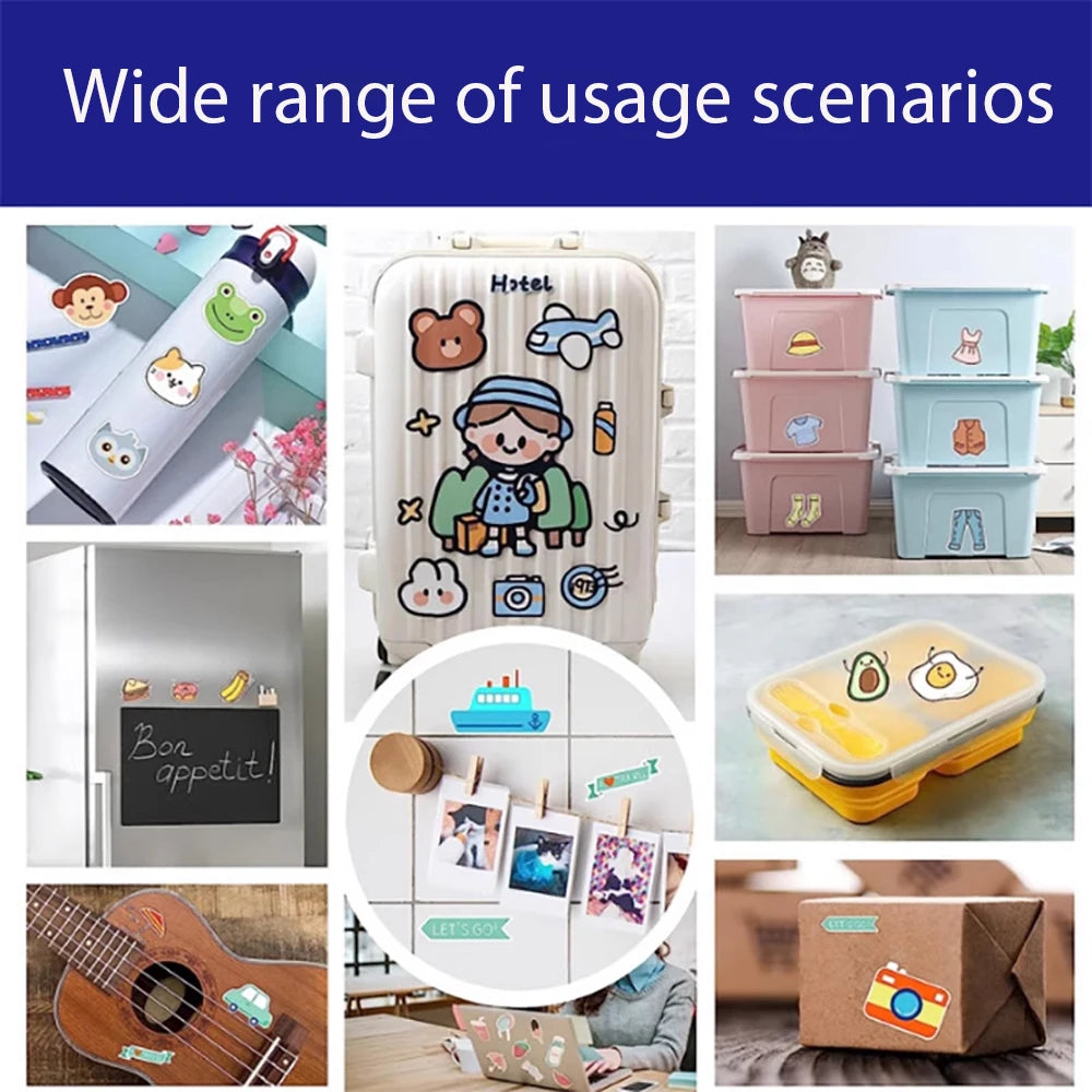 A variety of usage scenarios showing a roll of glossy self-adhesive photo paper and various DIY labels on different surfaces.