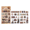 A sheet of retro 3D relief book gallery stickers featuring various stacked and individual books in sepia tones.