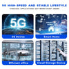 Verschiedene Anwendungen der 5G-Technologie, darunter Geräte, Smart-Home-Systeme, Büro-Setups und Cloud.