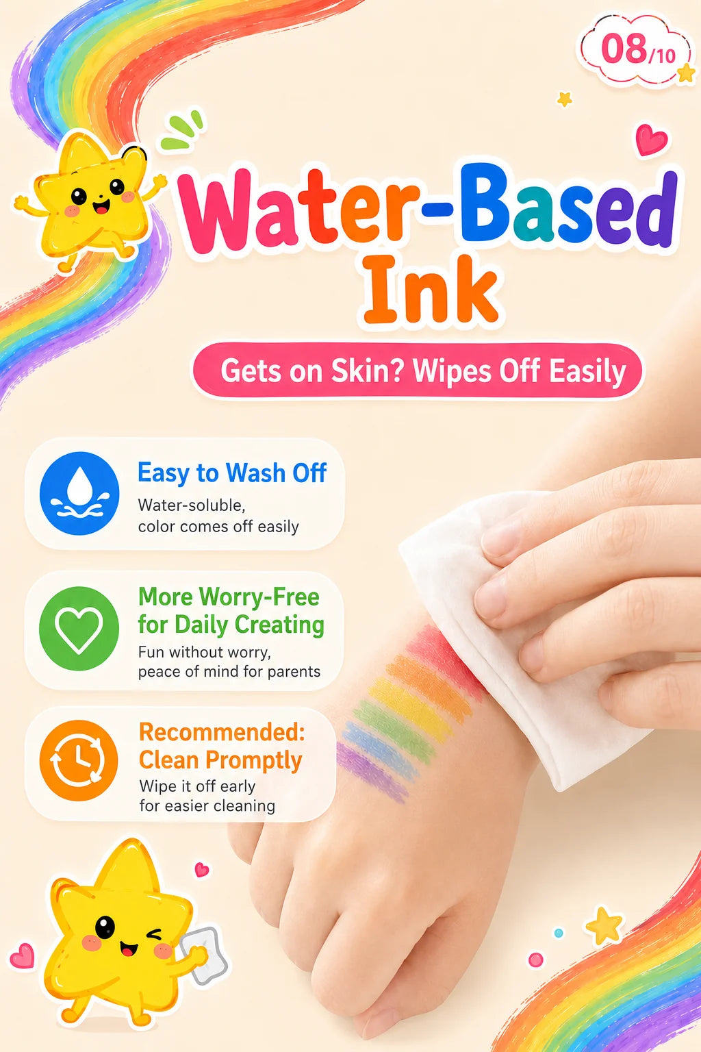 A hand wipes off water-based ink from skin, demonstrating easy removal for daily creating.