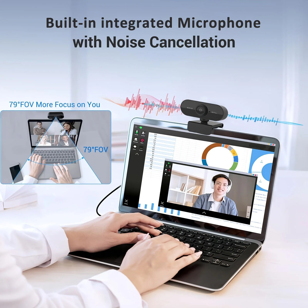 A person is using a laptop with a built-in integrated microphone and noise cancellation feature.