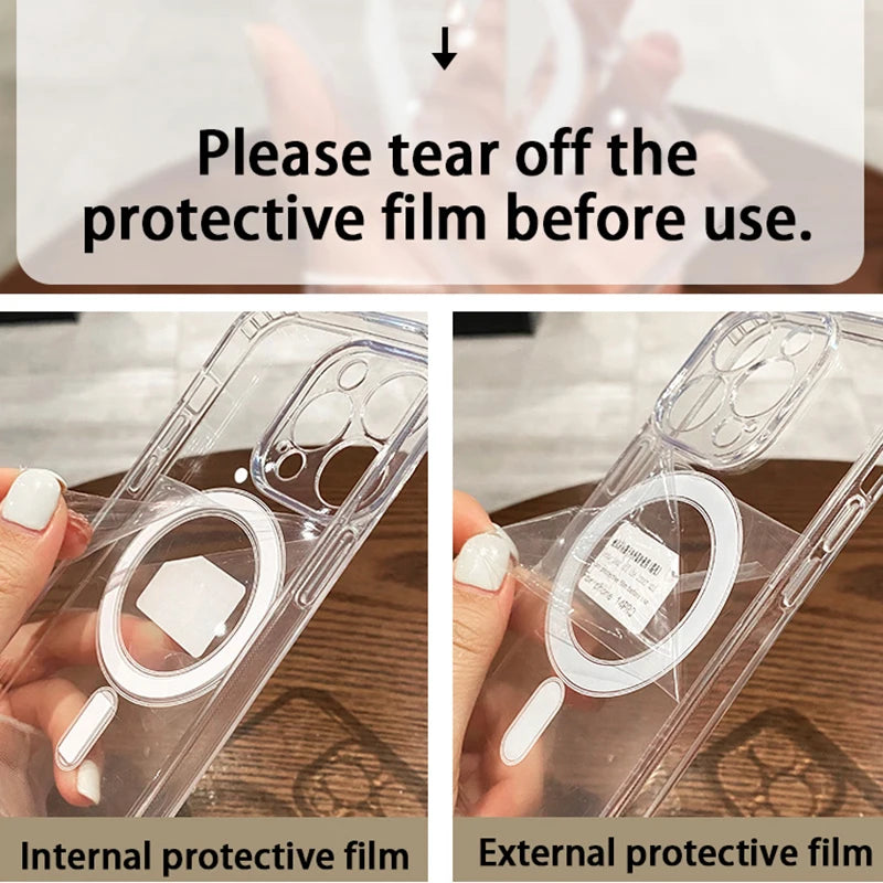 Hands are tearing off the protective film from a magnetic transparent phone case before use.
