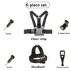 A 6-piece set of adjustable head and chest mounts for action cameras and phones, including a chest strap, headband, and vario