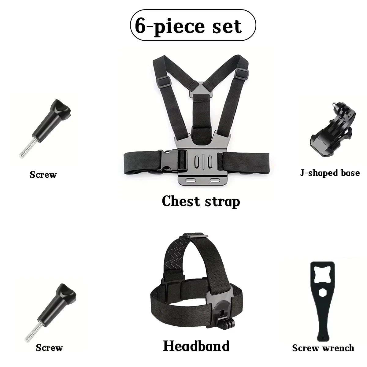 A 6-piece set of adjustable head and chest mounts for action cameras and phones, including a chest strap, headband, and vario