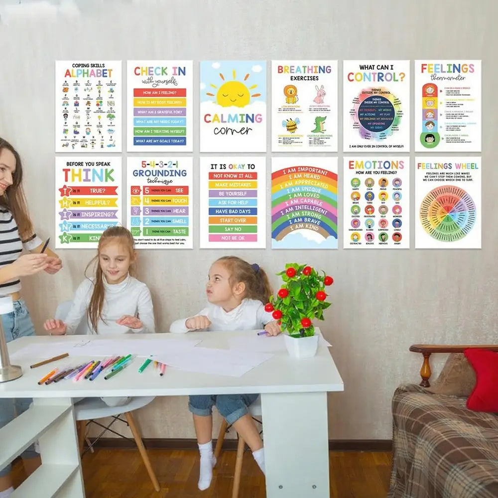 Affichage de posters colorés sur l'littératie émotionnelle, montrant des techniques de gestion, des exercices de respiration 