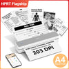 An HPRT Flagship portable thermal printer with various paper samples and a smartphone.