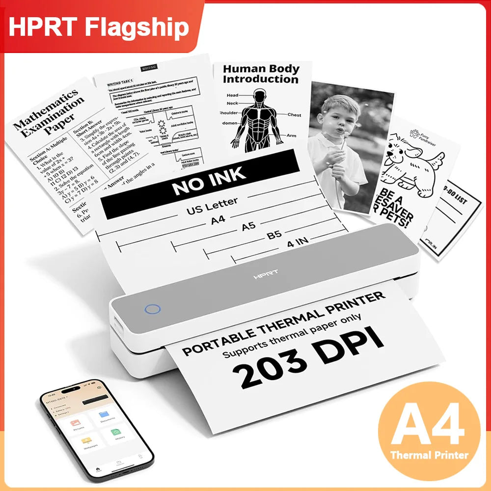 An HPRT Flagship portable thermal printer with various paper samples and a smartphone.