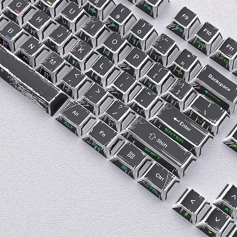 A close-up view of a set of translucent PBT keycaps with side printing in a cherry profile layout.