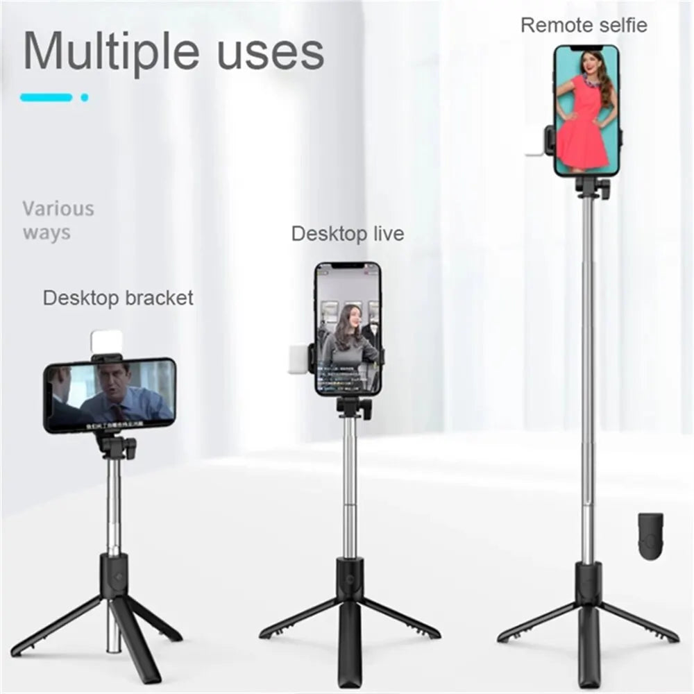 A portable extendable Bluetooth selfie stick with a fill light mounted on a tripod for various uses.