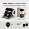 Black round thermal transfer stickers in a roll, with a glass bottle and a label example shown.