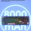 A close-up view of a large mechanical keyboard with purple and black keycaps and a light blue glow surrounding it.