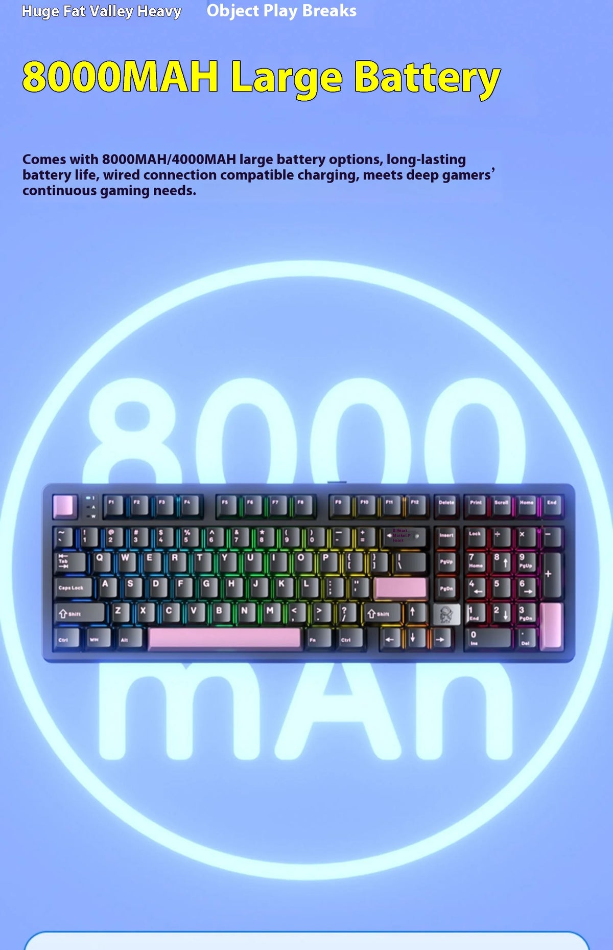 A close-up view of a large mechanical keyboard with purple and black keycaps and a light blue glow surrounding it.