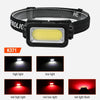 Black LED headlamp with a yellow light source shown in various lighting modes including high, low, and red light.