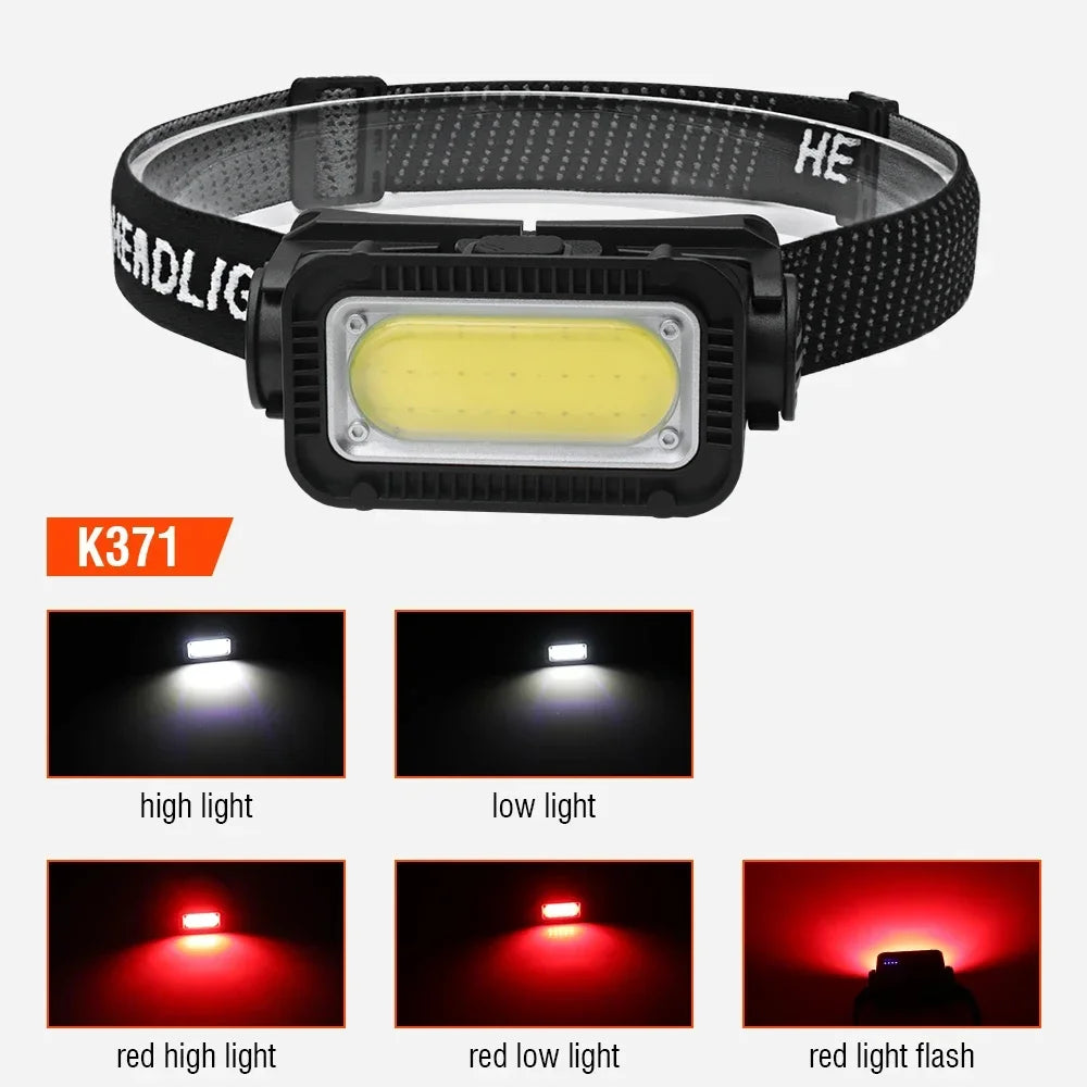 Black LED headlamp with a yellow light source shown in various lighting modes including high, low, and red light.