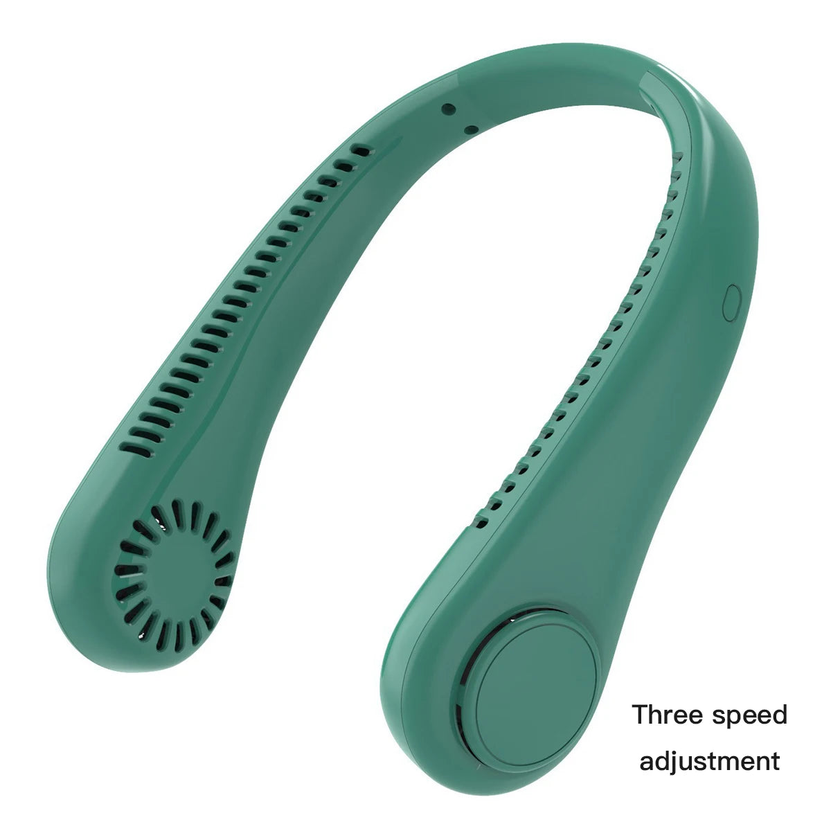 A teal bladeless portable neck fan with a three-speed adjustment dial.