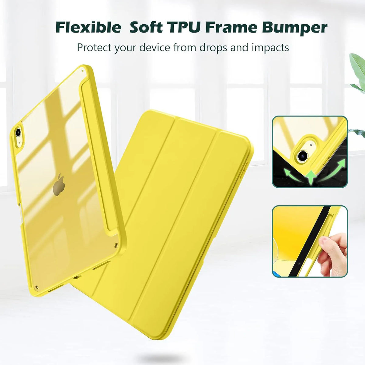 A yellow flexible TPU frame bumper for an iPad, showing its protective features and fit.
