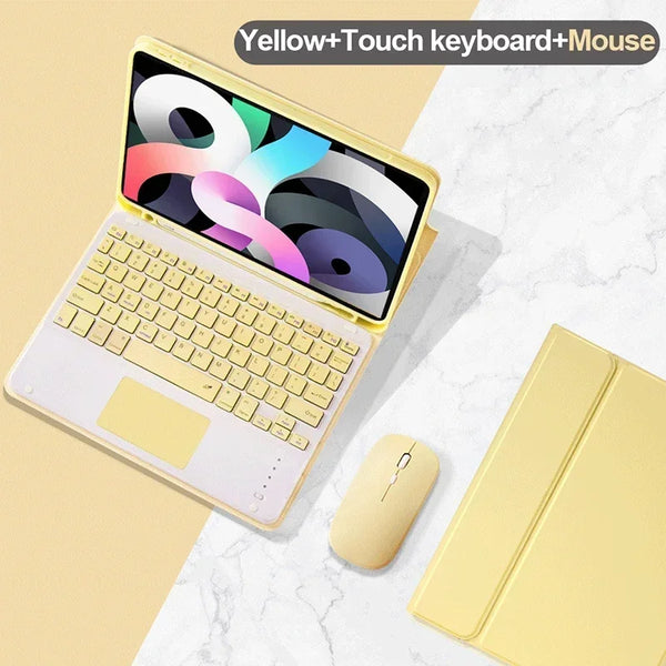 A yellow touch keyboard and mouse combo is shown alongside a white iPad case.
