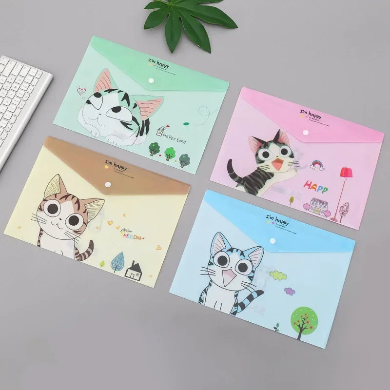 A set of four cute cartoon transparent document pouches featuring cats and happy designs.