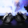 A pair of black KZ Castor 2DD dual dynamic driver earphones resting on a dark surface.