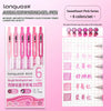 A set of six Sweetheart Pink series acrylic painting gel pens with various colors and a grid for writing practice.